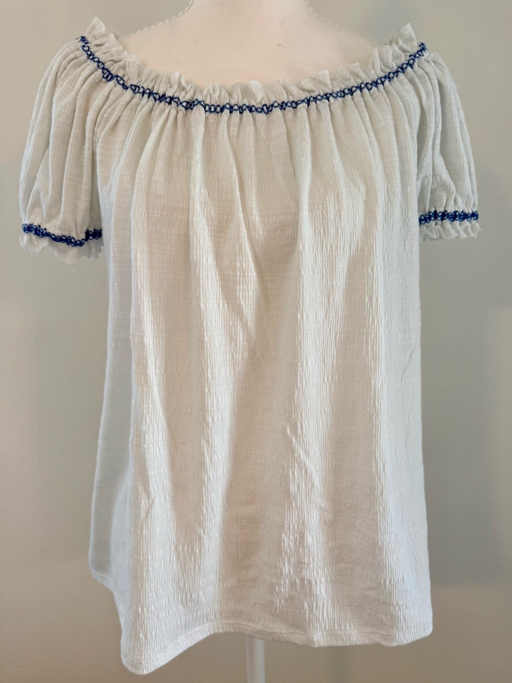 Max Studio White Off-Shoulder Tunic with Blue Trim